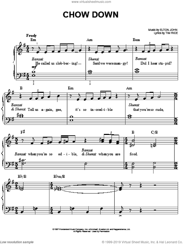 Chow Down (from The Lion King: Broadway Musical) sheet music for piano solo by Elton John, The Lion King (Musical) and Tim Rice, easy skill level