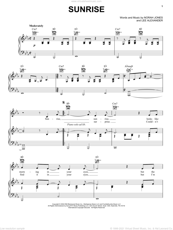 Sunrise sheet music for voice, piano or guitar by Norah Jones and Lee Alexander, intermediate skill level