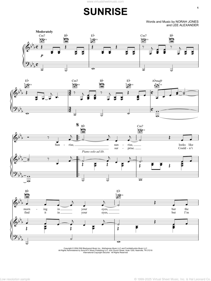 Sunrise sheet music for voice, piano or guitar by Norah Jones and Lee Alexander, intermediate skill level