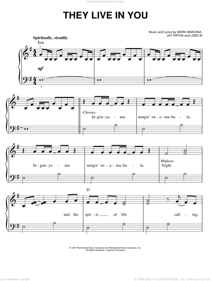 They Live In You (from The Lion King: Broadway Musical) sheet music for piano solo by Elton John, The Lion King (Musical), Jay Rifkin, Lebo M., Mark Mancina and Tim Rice, easy skill level