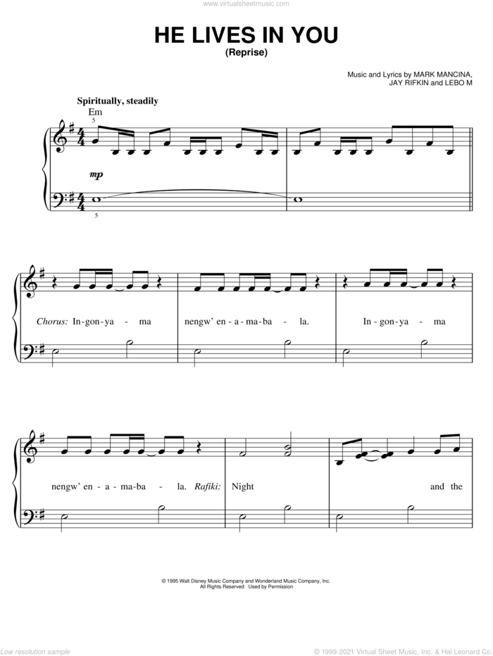 He Lives In You (Reprise) (from The Lion King: Broadway Musical) sheet music for piano solo by Elton John, The Lion King (Musical), Jay Rifkin, Lebo M., Mark Mancina and Tim Rice, easy skill level