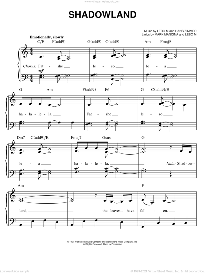 Shadowland (from The Lion King: Broadway Musical) sheet music for piano solo by Elton John, The Lion King (Musical), Hans Zimmer, Lebo M., Lebo M., Hans Zimmer and Mark Mancina, Mark Mancina and Tim Rice, easy skill level