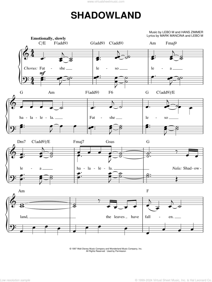 Shadowland (from The Lion King: Broadway Musical) sheet music for piano solo by Elton John, The Lion King (Musical), Hans Zimmer, Lebo M., Lebo M., Hans Zimmer and Mark Mancina, Mark Mancina and Tim Rice, easy skill level