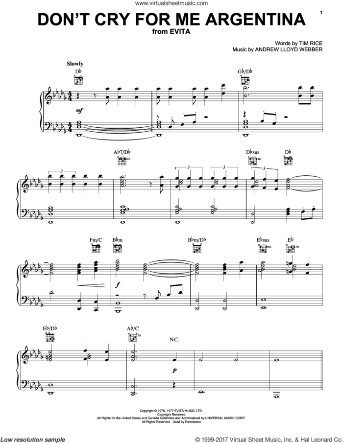 Don't Cry For Me Argentina sheet music for voice, piano or guitar by Andrew Lloyd Webber, Evita (Musical), Madonna and Tim Rice, intermediate skill level