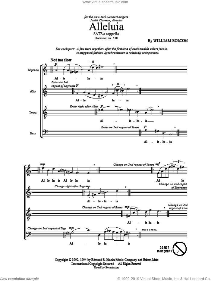 Alleluia sheet music for choir (SATB: soprano, alto, tenor, bass) by William Bolcom, intermediate skill level