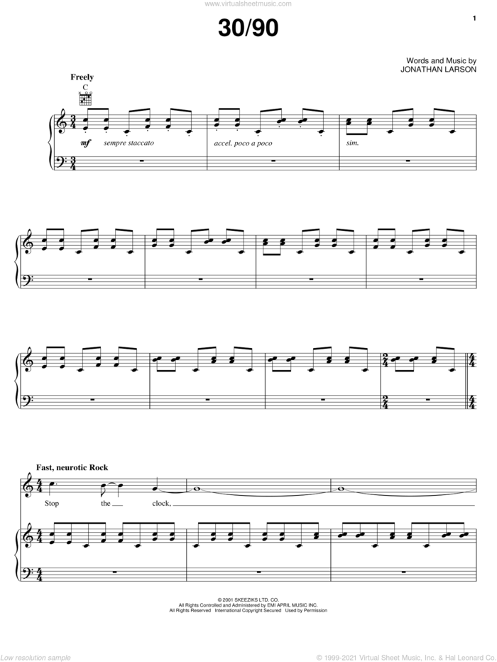 30/90 (from tick, tick... BOOM!) sheet music for voice, piano or guitar by Jonathan Larson and Tick, Tick...Boom! (Musical), intermediate skill level