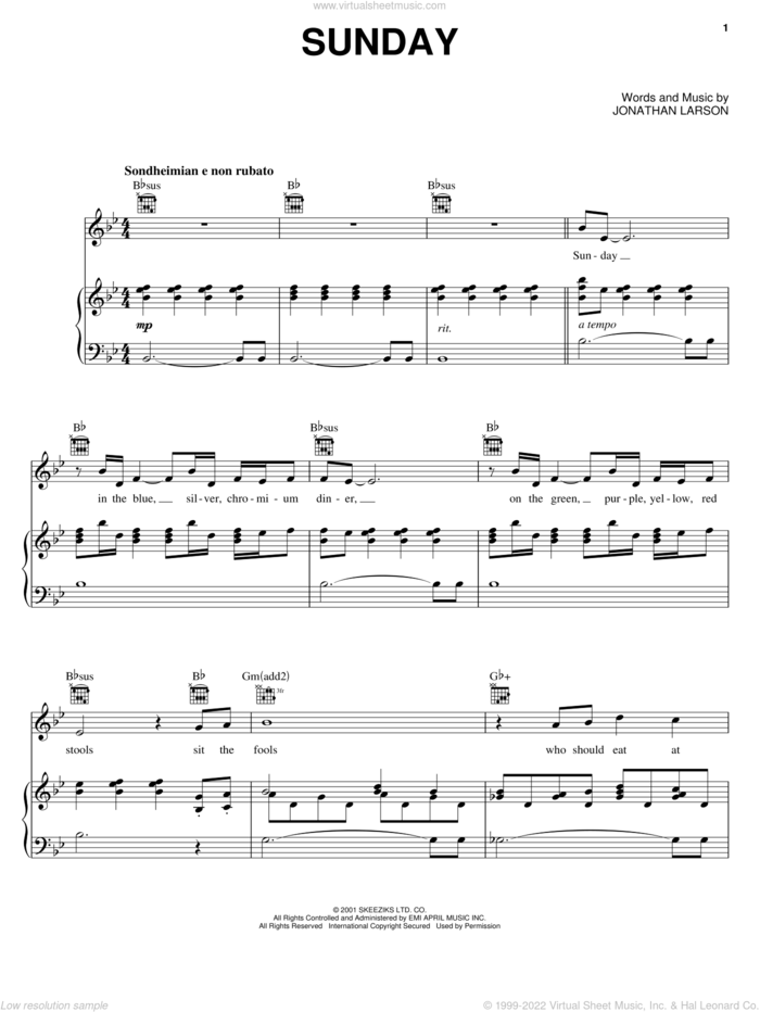 Sunday (from tick, tick... BOOM!) sheet music for voice, piano or guitar by Jonathan Larson and Tick, Tick...Boom! (Musical), intermediate skill level