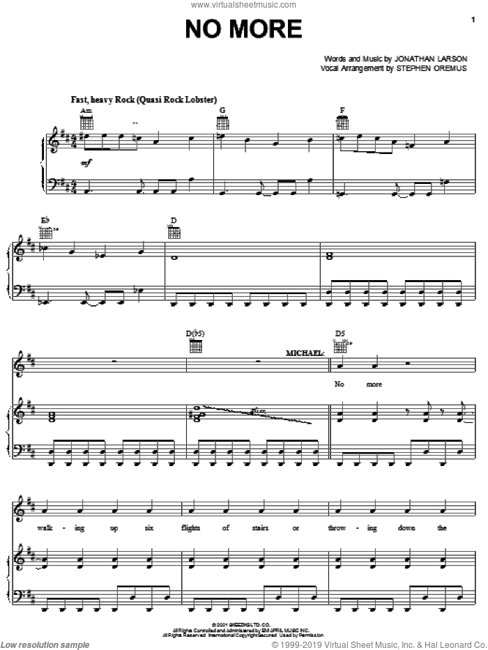 No More (from tick, tick... BOOM!) sheet music for voice, piano or guitar by Jonathan Larson and Tick, Tick...Boom! (Musical), intermediate skill level