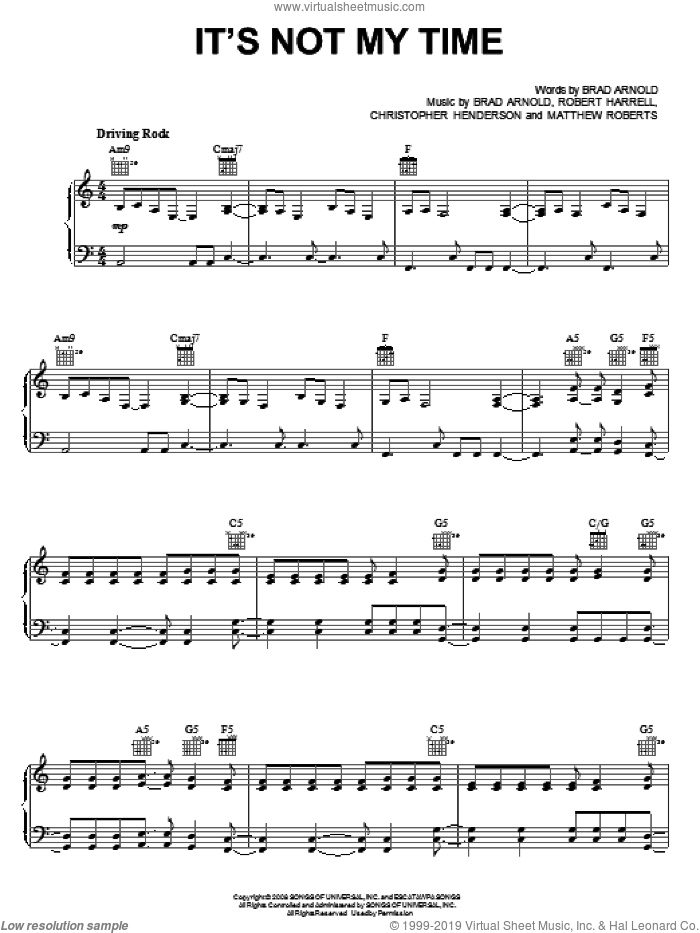It's Not My Time sheet music for voice, piano or guitar by 3 Doors Down, Brad Arnold, Christopher Henderson, Matthew Roberts and Robert Harrell, intermediate skill level