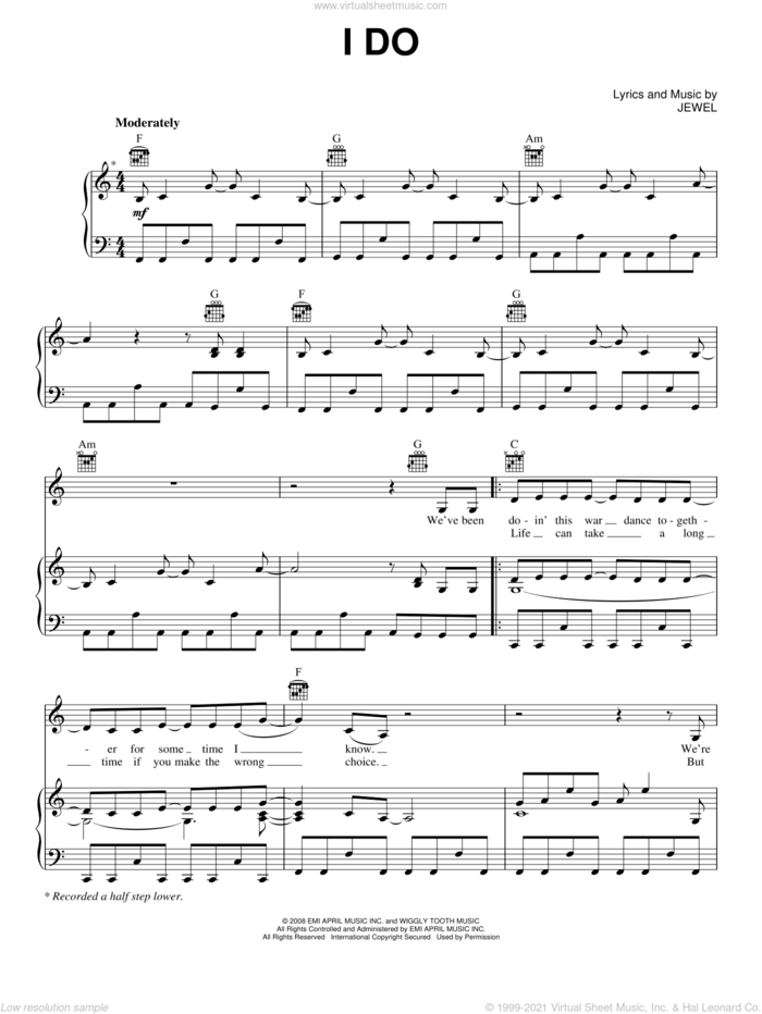 I Do sheet music for voice, piano or guitar by Jewel and Jewel Kilcher, intermediate skill level