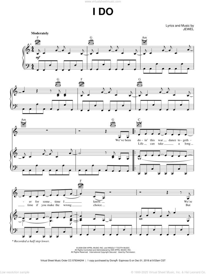 I Do sheet music for voice, piano or guitar by Jewel and Jewel Kilcher, intermediate skill level