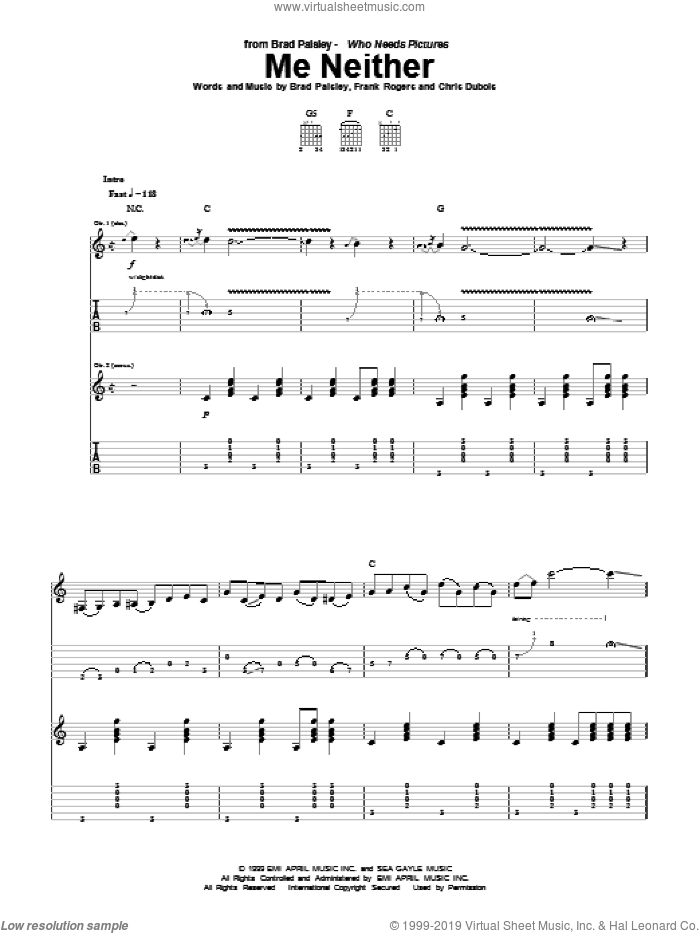 Me Neither sheet music for guitar (tablature) by Brad Paisley, Chris DuBois and Frank Rogers, intermediate skill level