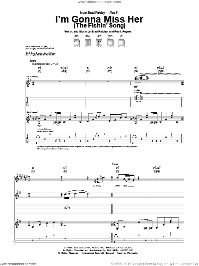 I'm Gonna Miss Her (The Fishin' Song) sheet music for guitar (tablature) by Brad Paisley and Frank Rogers, intermediate skill level