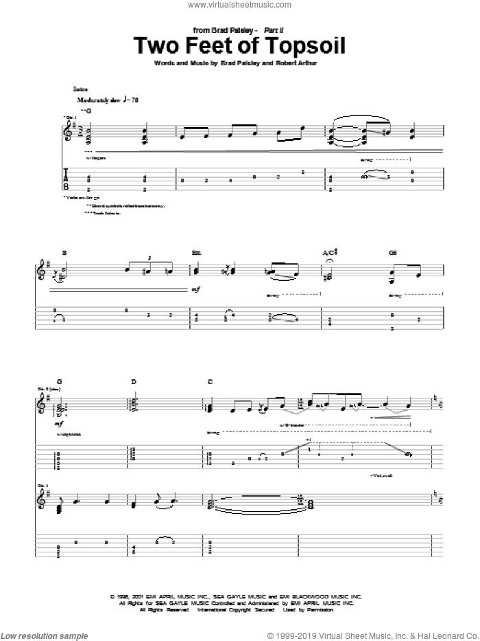 Two Feet Of Topsoil sheet music for guitar (tablature) by Brad Paisley and Robert Arthur, intermediate skill level