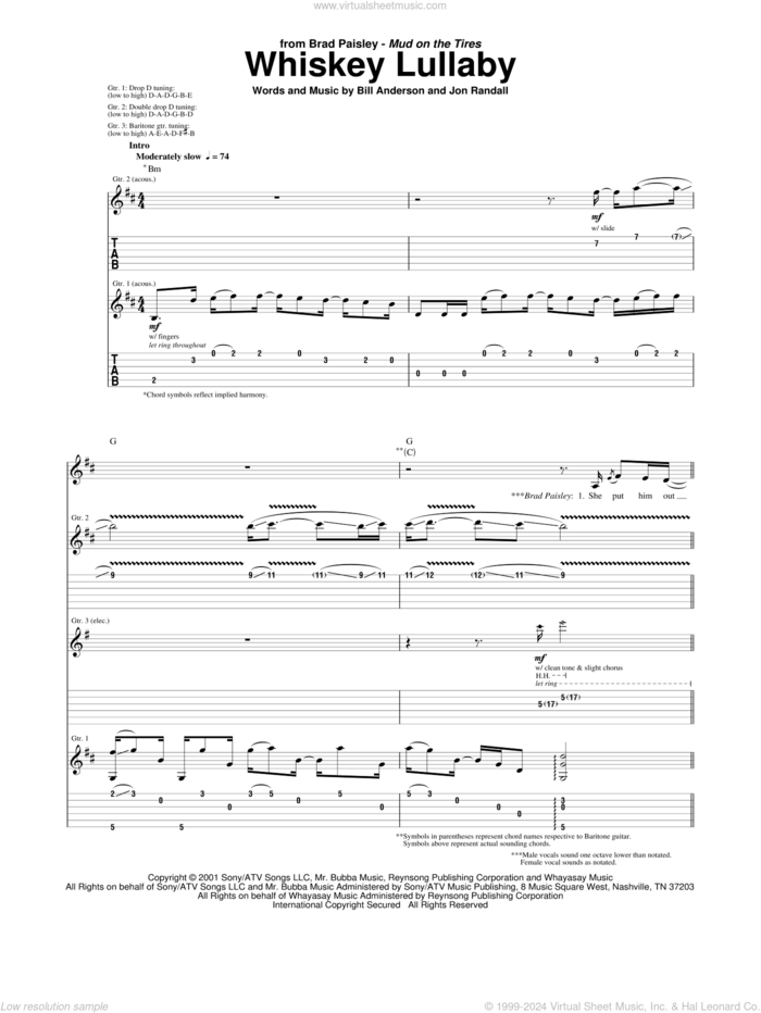 Whiskey Lullaby sheet music for guitar (tablature) by Brad Paisley, Alison Krauss, Bill Anderson and Jon Randall, intermediate skill level
