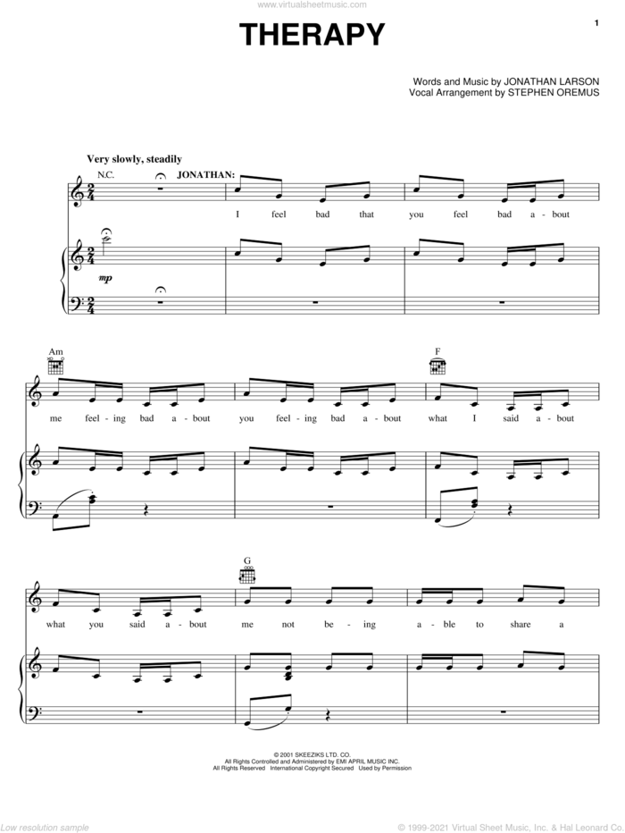 Therapy (from tick, tick... BOOM!) sheet music for voice, piano or guitar by Jonathan Larson and Tick, Tick...Boom! (Musical), intermediate skill level
