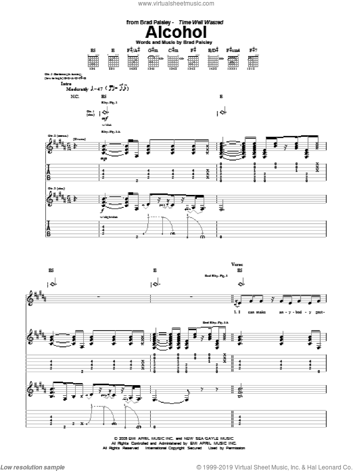 Alcohol sheet music for guitar (tablature) by Brad Paisley, intermediate skill level