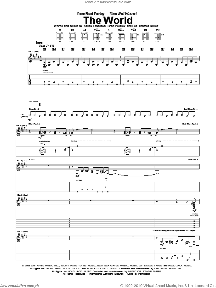 The World sheet music for guitar (tablature) by Brad Paisley, Kelley Lovelace and Lee Thomas Miller, intermediate skill level