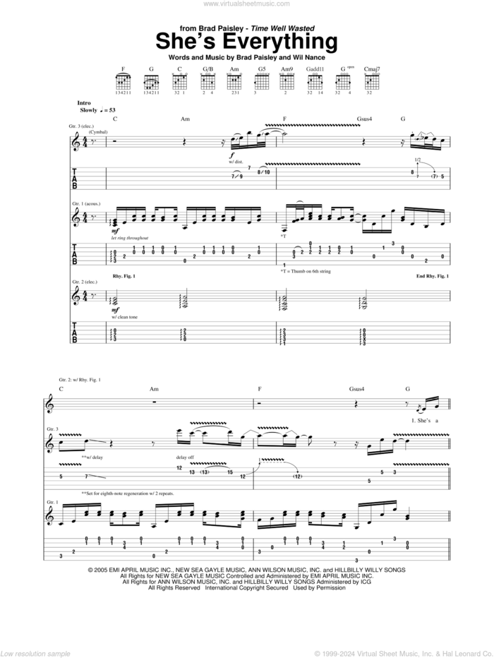She's Everything sheet music for guitar (tablature) by Brad Paisley and Wil Nance, intermediate skill level