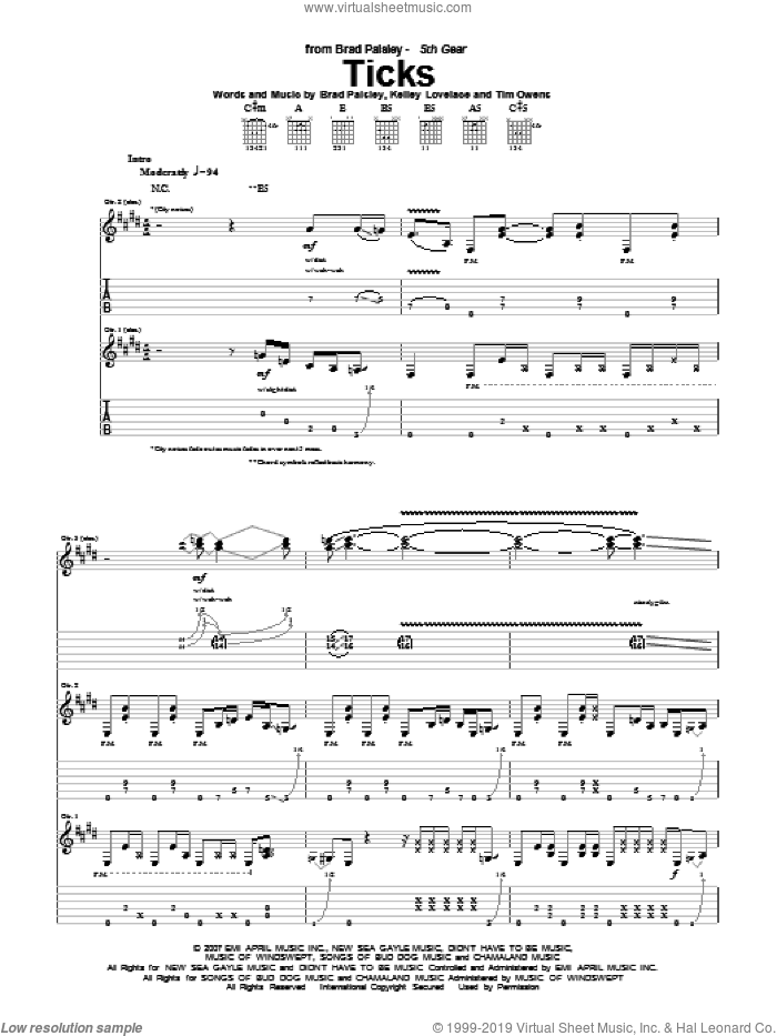 Ticks sheet music for guitar (tablature) by Brad Paisley, Kelley Lovelace and Tim Owens, intermediate skill level