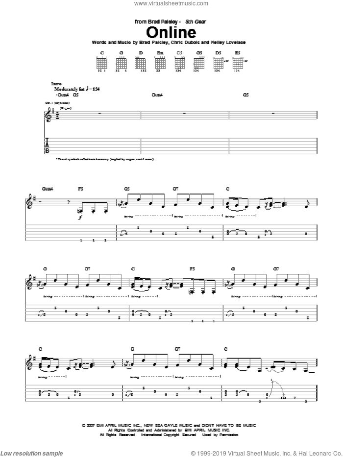 Online sheet music for guitar (tablature) by Brad Paisley, Chris DuBois and Kelley Lovelace, intermediate skill level