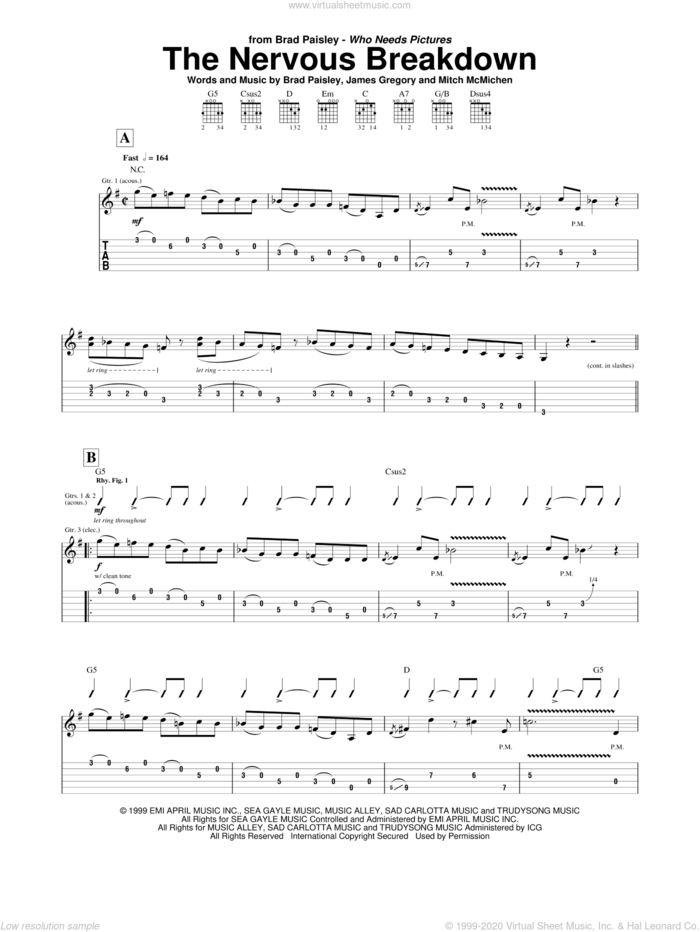 The Nervous Breakdown sheet music for guitar (tablature) by Brad Paisley, James Gregory and Mitch McMichen, intermediate skill level