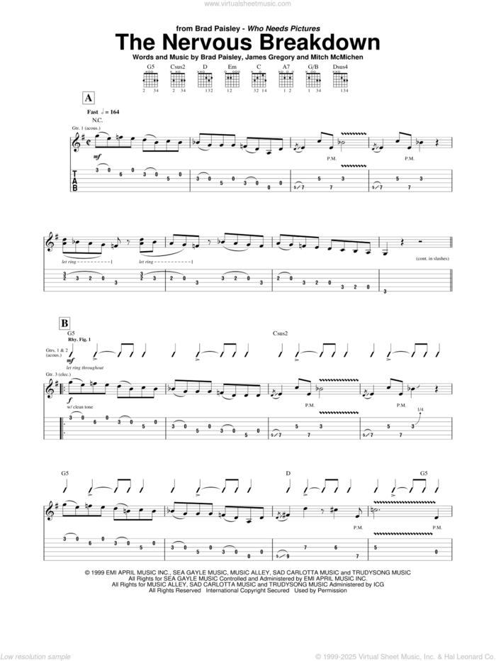 The Nervous Breakdown sheet music for guitar (tablature) by Brad Paisley, James Gregory and Mitch McMichen, intermediate skill level