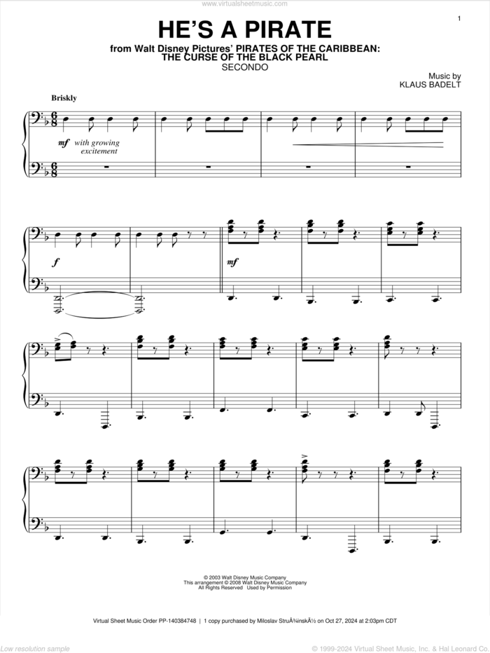 He's A Pirate (from Pirates Of The Caribbean: The Curse of the Black Pearl) sheet music for piano four hands by Klaus Badelt and Pirates Of The Caribbean: The Curse Of The Black Pearl (Movie), intermediate skill level