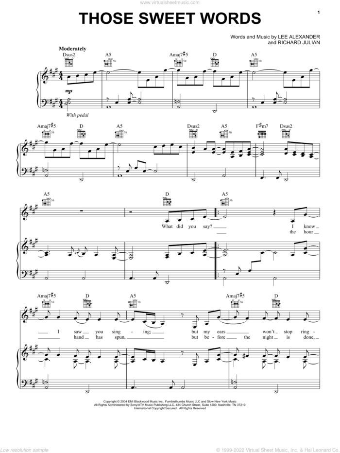 Those Sweet Words sheet music for voice, piano or guitar by Norah Jones, Lee Alexander and Richard Julian, intermediate skill level