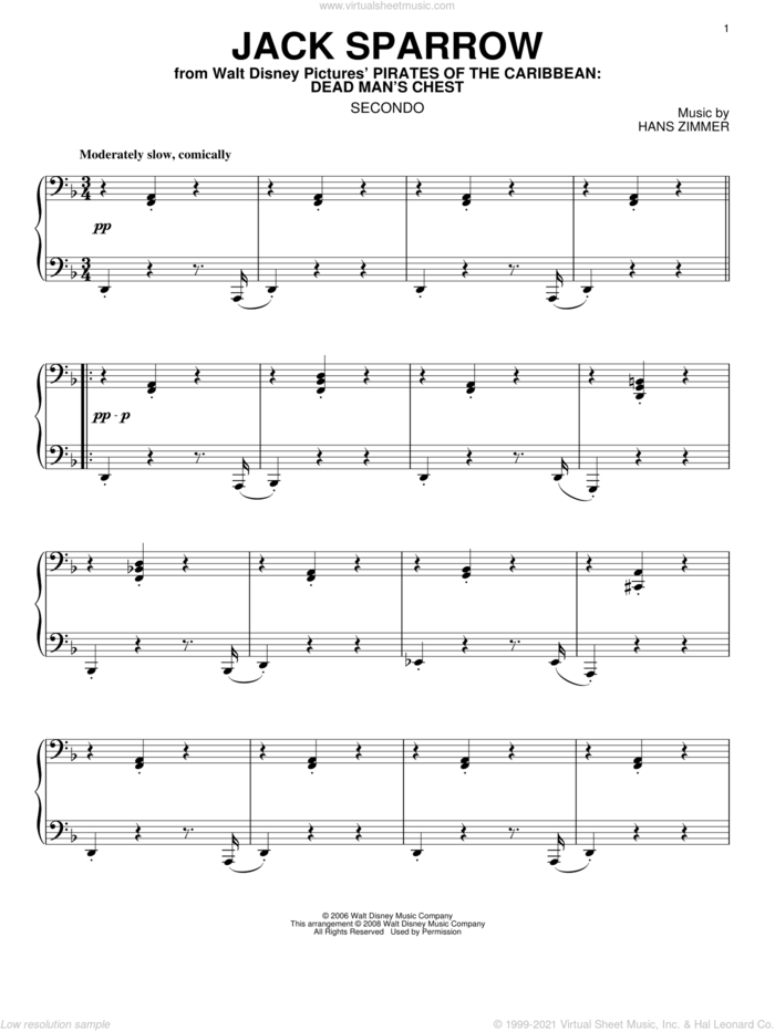 Jack Sparrow (from Pirates Of The Caribbean: Dead Man's Chest) sheet music for piano four hands by Hans Zimmer, intermediate skill level