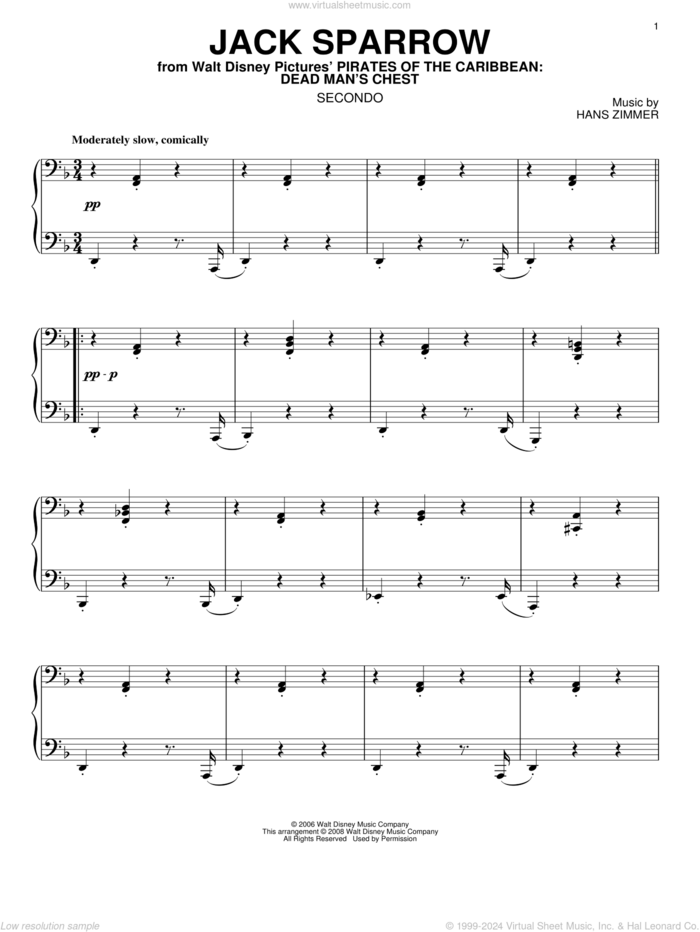 Jack Sparrow (from Pirates Of The Caribbean: Dead Man's Chest) sheet music for piano four hands by Hans Zimmer, intermediate skill level