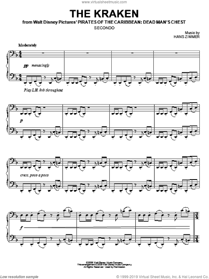 The Kraken sheet music for piano four hands by Hans Zimmer, intermediate skill level