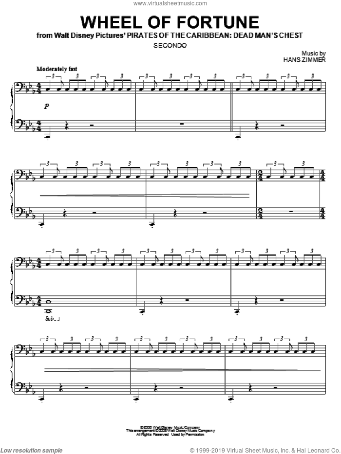 Wheel Of Fortune sheet music for piano four hands by Hans Zimmer, intermediate skill level