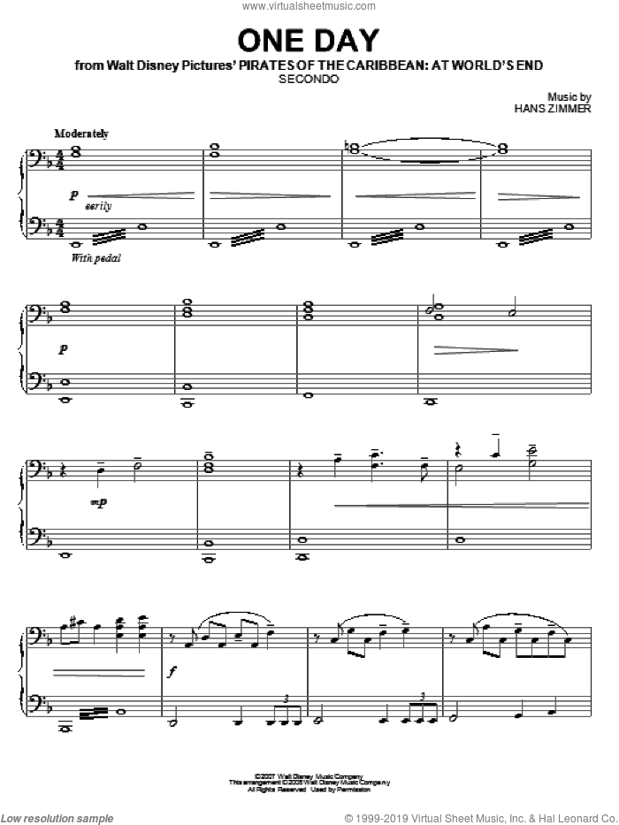 One Day (from Pirates Of The Caribbean: At World's End) sheet music for piano four hands by Hans Zimmer, intermediate skill level