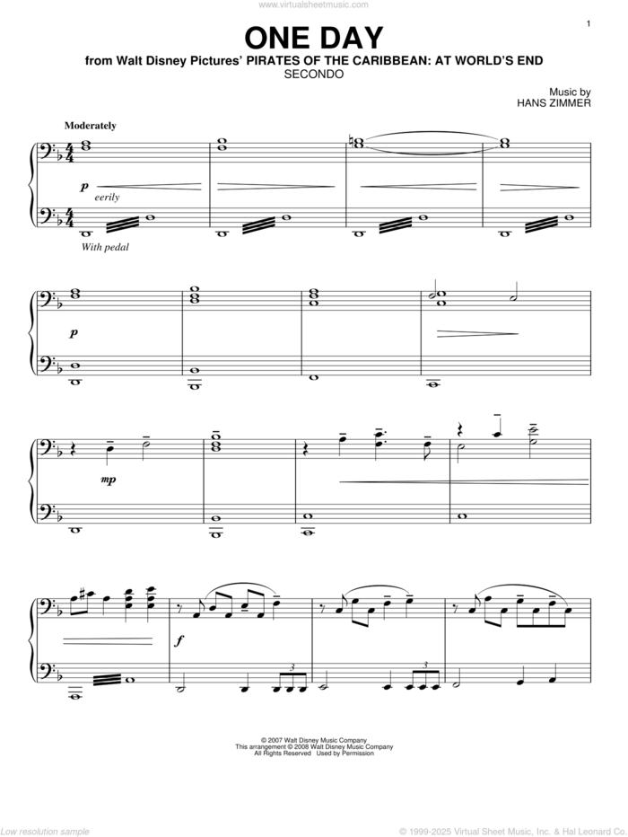 One Day (from Pirates Of The Caribbean: At World's End) sheet music for piano four hands by Hans Zimmer, intermediate skill level