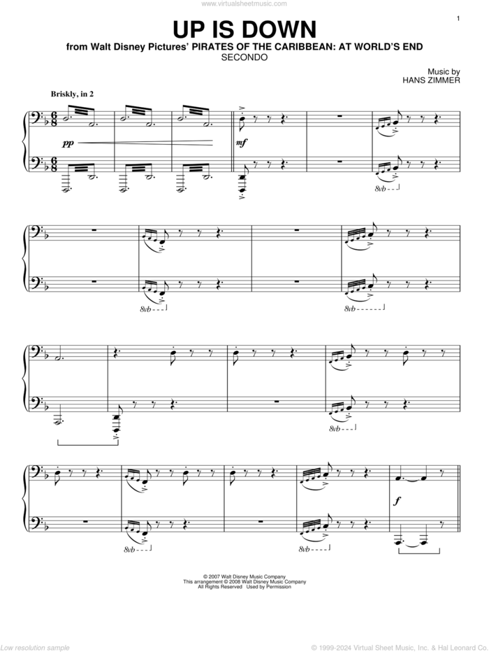 Up Is Down (from Pirates Of The Caribbean: At World's End) sheet music for piano four hands by Hans Zimmer, intermediate skill level