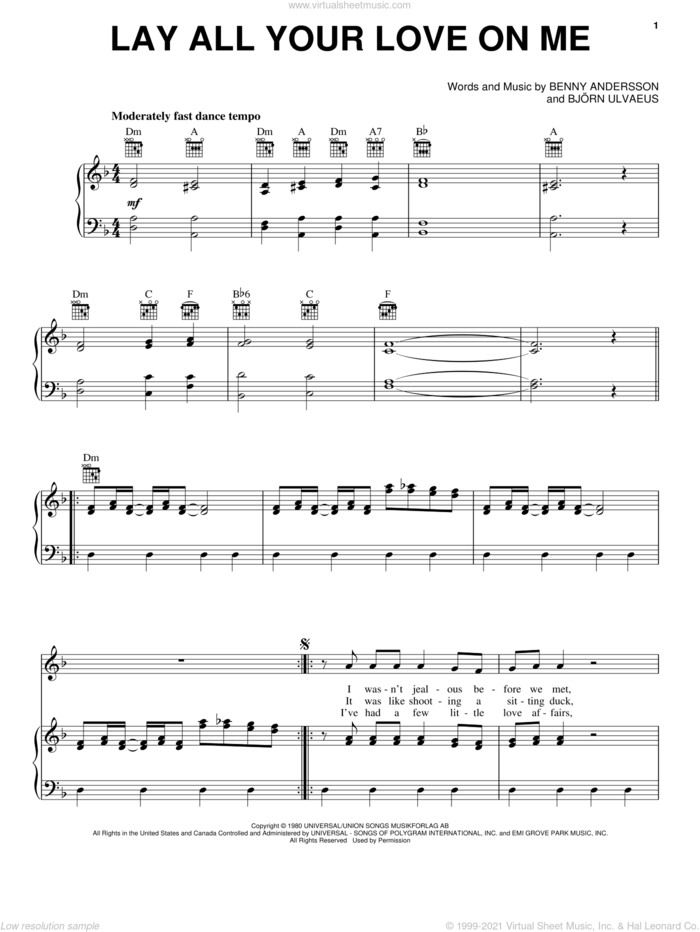 Lay All Your Love On Me sheet music for voice, piano or guitar by ABBA, Mamma Mia! (Movie), Benny Andersson and Bjorn Ulvaeus, intermediate skill level