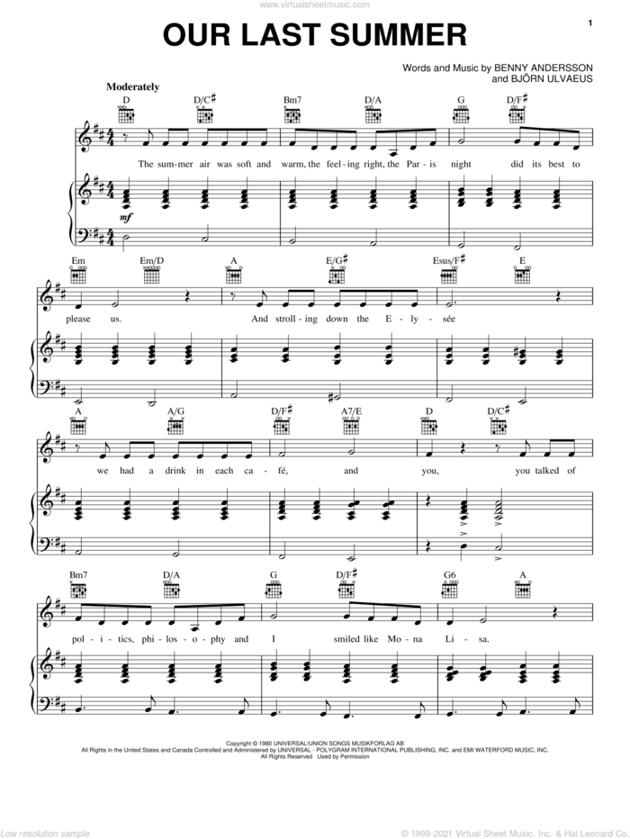 Our Last Summer sheet music for voice, piano or guitar by ABBA, Mamma Mia! (Movie), Benny Andersson and Bjorn Ulvaeus, intermediate skill level