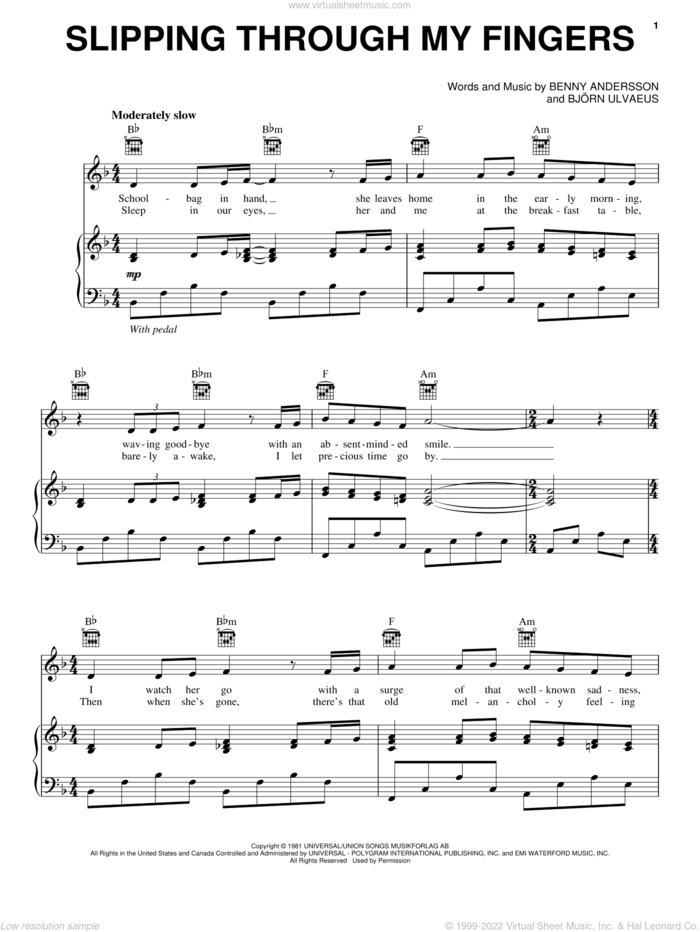Slipping Through My Fingers sheet music for voice, piano or guitar by ABBA, Mamma Mia! (Movie), Benny Andersson, Bjorn Ulvaeus and Miscellaneous, intermediate skill level