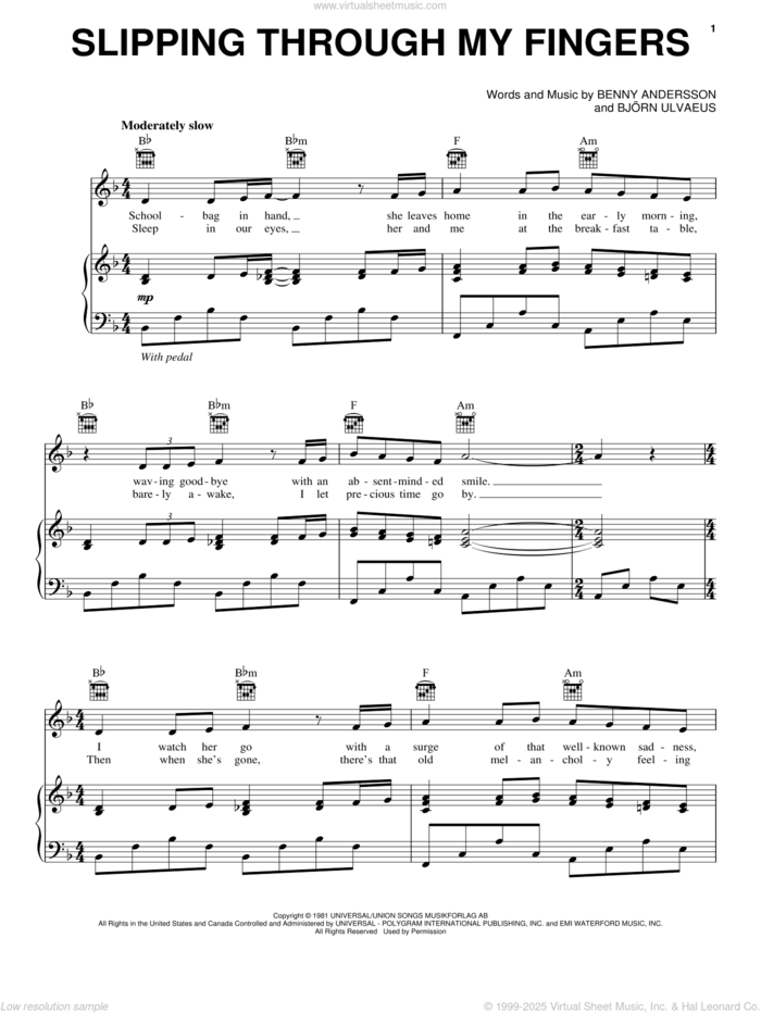 Slipping Through My Fingers sheet music for voice, piano or guitar by ABBA, Mamma Mia! (Movie), Benny Andersson, Bjorn Ulvaeus and Miscellaneous, intermediate skill level