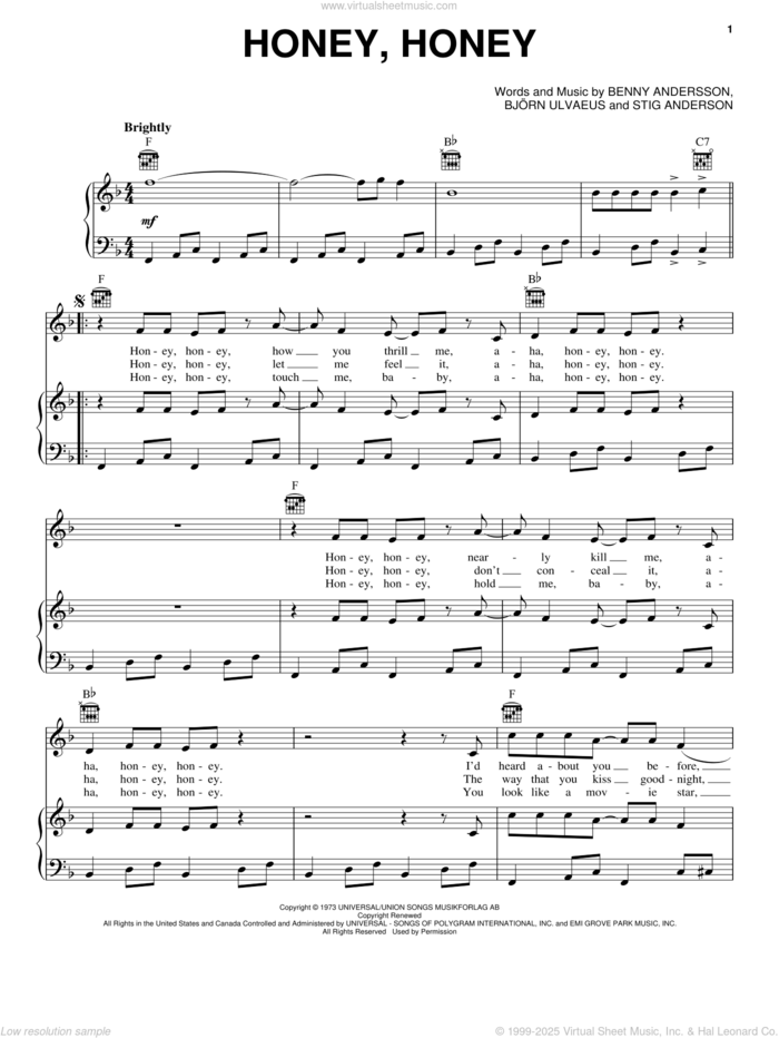 Honey, Honey sheet music for voice, piano or guitar by ABBA, Mamma Mia! (Movie), Benny Andersson, Bjorn Ulvaeus and Stig Anderson, intermediate skill level