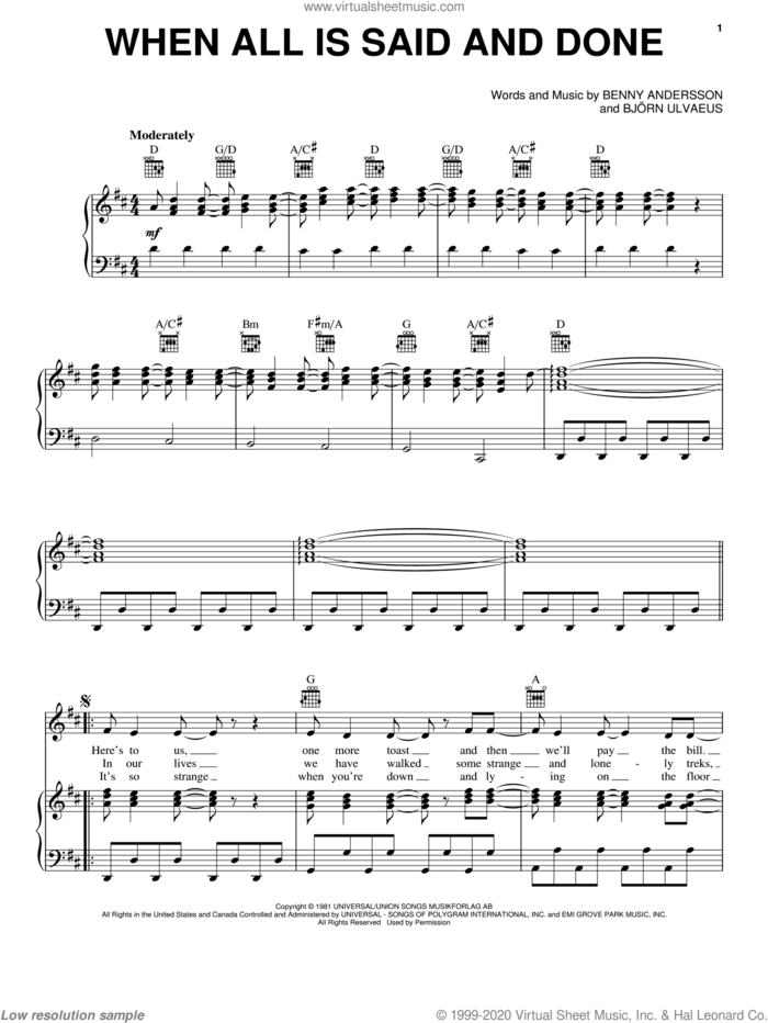 When All Is Said And Done sheet music for voice, piano or guitar by ABBA, Mamma Mia! (Movie), Benny Andersson and Bjorn Ulvaeus, intermediate skill level