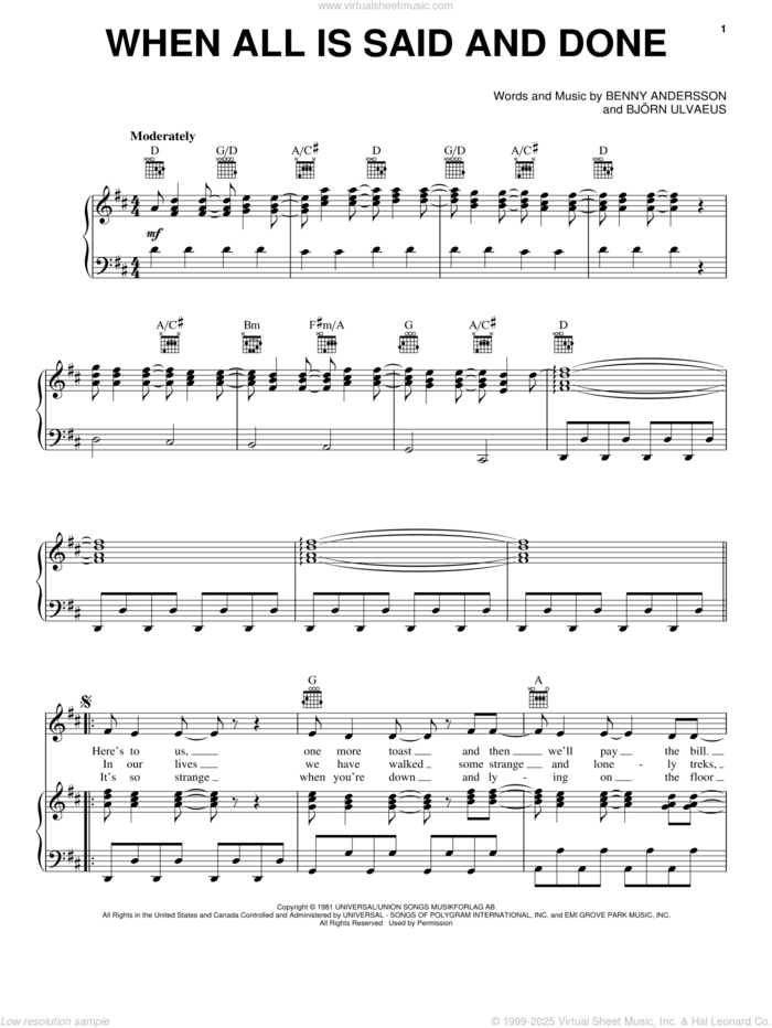 When All Is Said And Done sheet music for voice, piano or guitar by ABBA, Mamma Mia! (Movie), Benny Andersson and Bjorn Ulvaeus, intermediate skill level