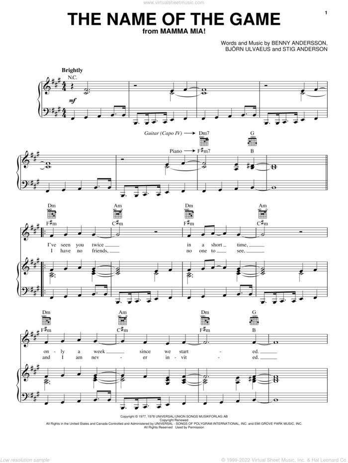 The Name Of The Game sheet music for voice, piano or guitar by ABBA, Mamma Mia! (Movie), Benny Andersson, Bjorn Ulvaeus, Miscellaneous and Stig Anderson, intermediate skill level