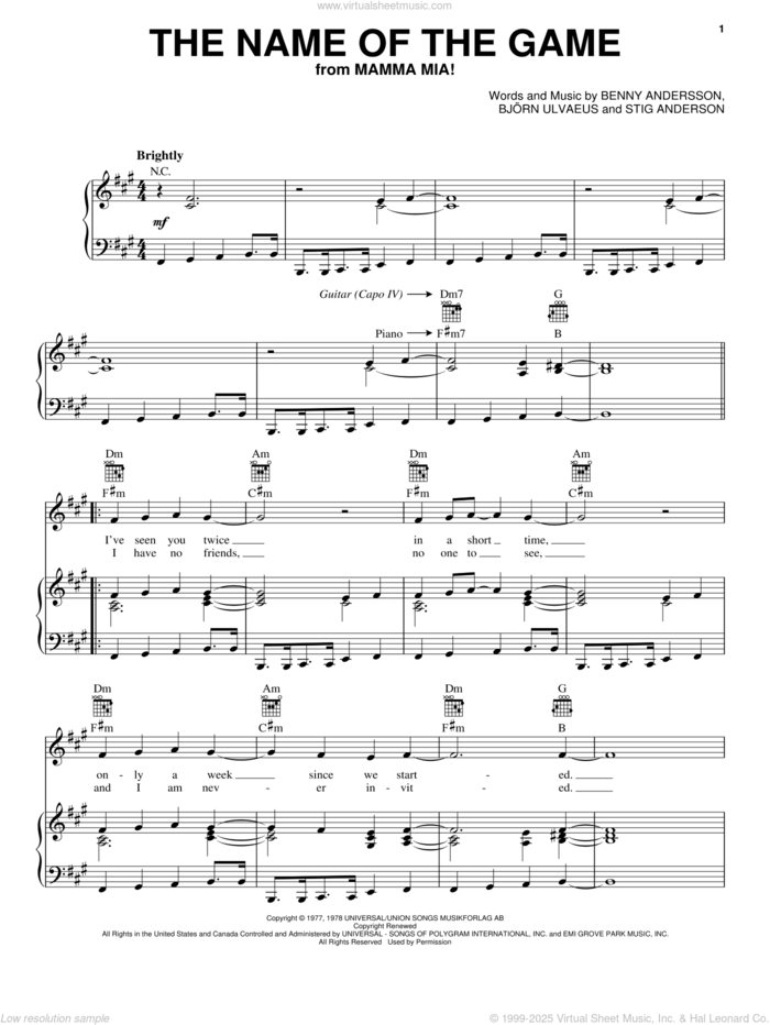 The Name Of The Game sheet music for voice, piano or guitar by ABBA, Mamma Mia! (Movie), Benny Andersson, Bjorn Ulvaeus, Miscellaneous and Stig Anderson, intermediate skill level