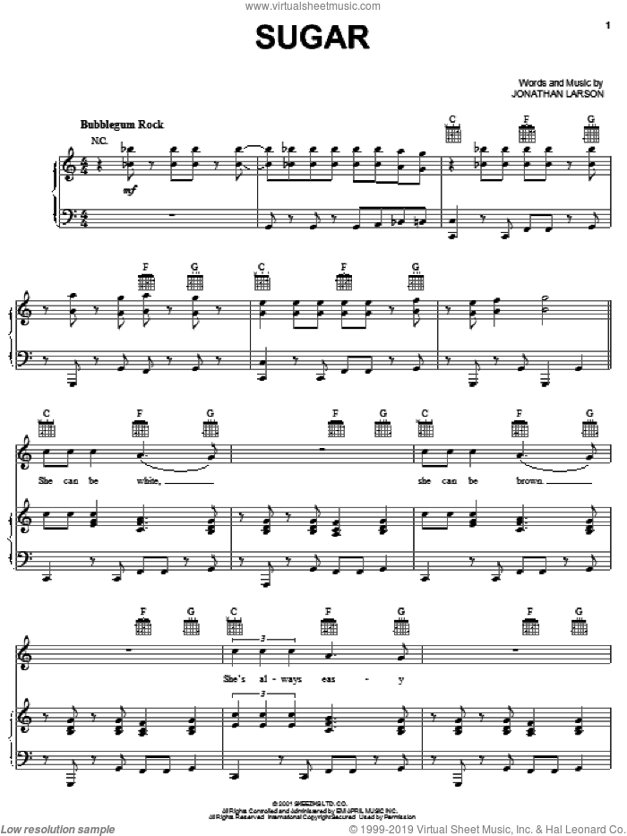 Sugar (from tick, tick... BOOM!) sheet music for voice, piano or guitar by Jonathan Larson and Tick, Tick...Boom! (Musical), intermediate skill level