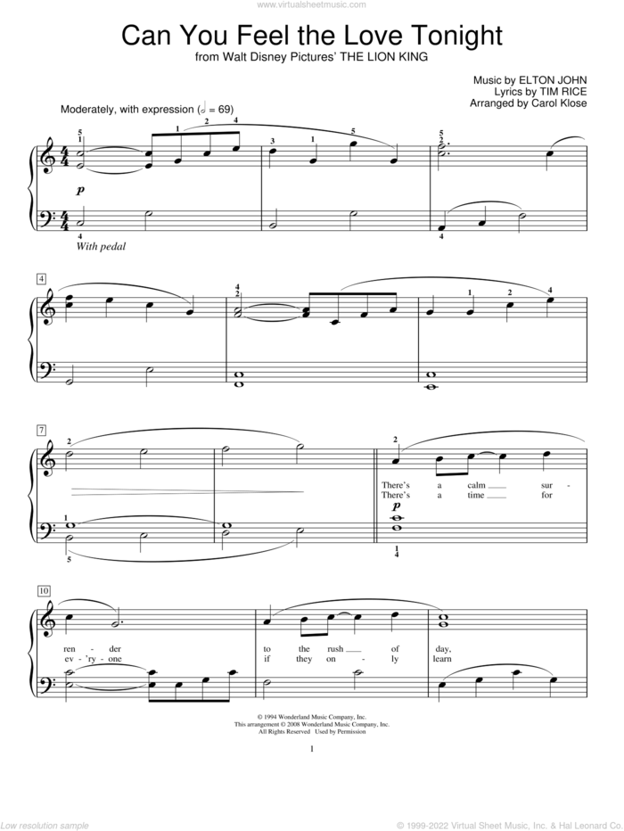 Can You Feel The Love Tonight (from The Lion King) sheet music for piano solo (elementary) by Elton John, Carol Klose, Miscellaneous, The Lion King and Tim Rice, wedding score, beginner piano (elementary)