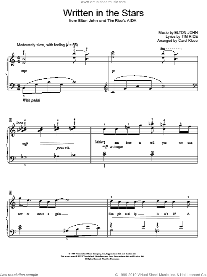 Written In The Stars (from Aida) (arr. Carol Klose) sheet music for piano solo (elementary) by Elton John, Carol Klose, LeAnn Rimes and Miscellaneous, beginner piano (elementary)