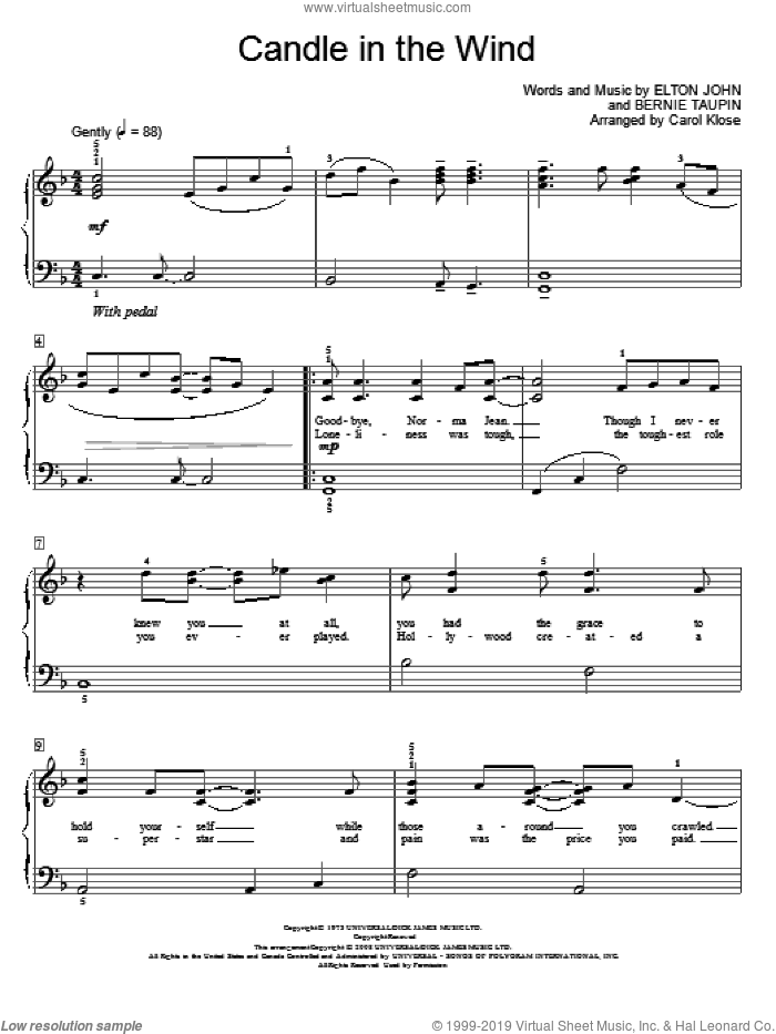 Candle In The Wind sheet music for piano solo (elementary) by Elton John, Carol Klose, Miscellaneous and Bernie Taupin, beginner piano (elementary)
