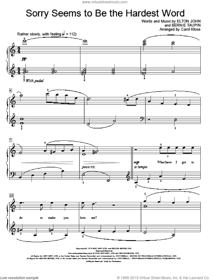 Sorry Seems To Be The Hardest Word sheet music for piano solo (elementary) by Elton John, Carol Klose, Miscellaneous and Bernie Taupin, beginner piano (elementary)